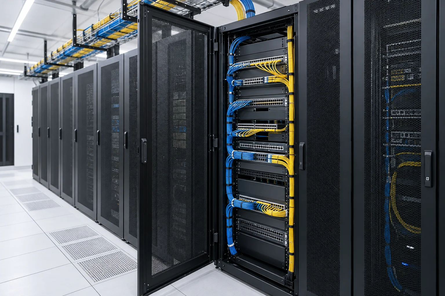 Unbranded network cabinets with organized fiber cabling